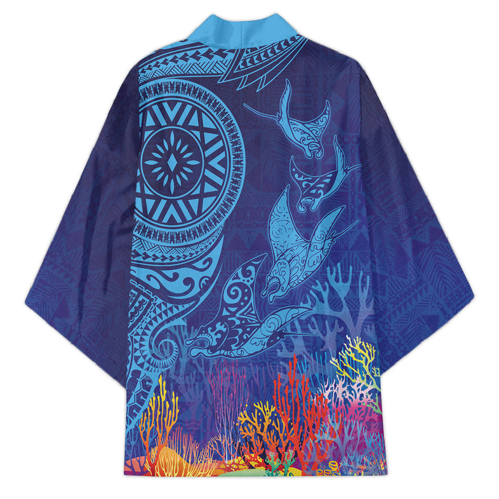 Fijian Tribal Manta Ray Kimono Masi Motif with Coral Reef Ocean Vibe