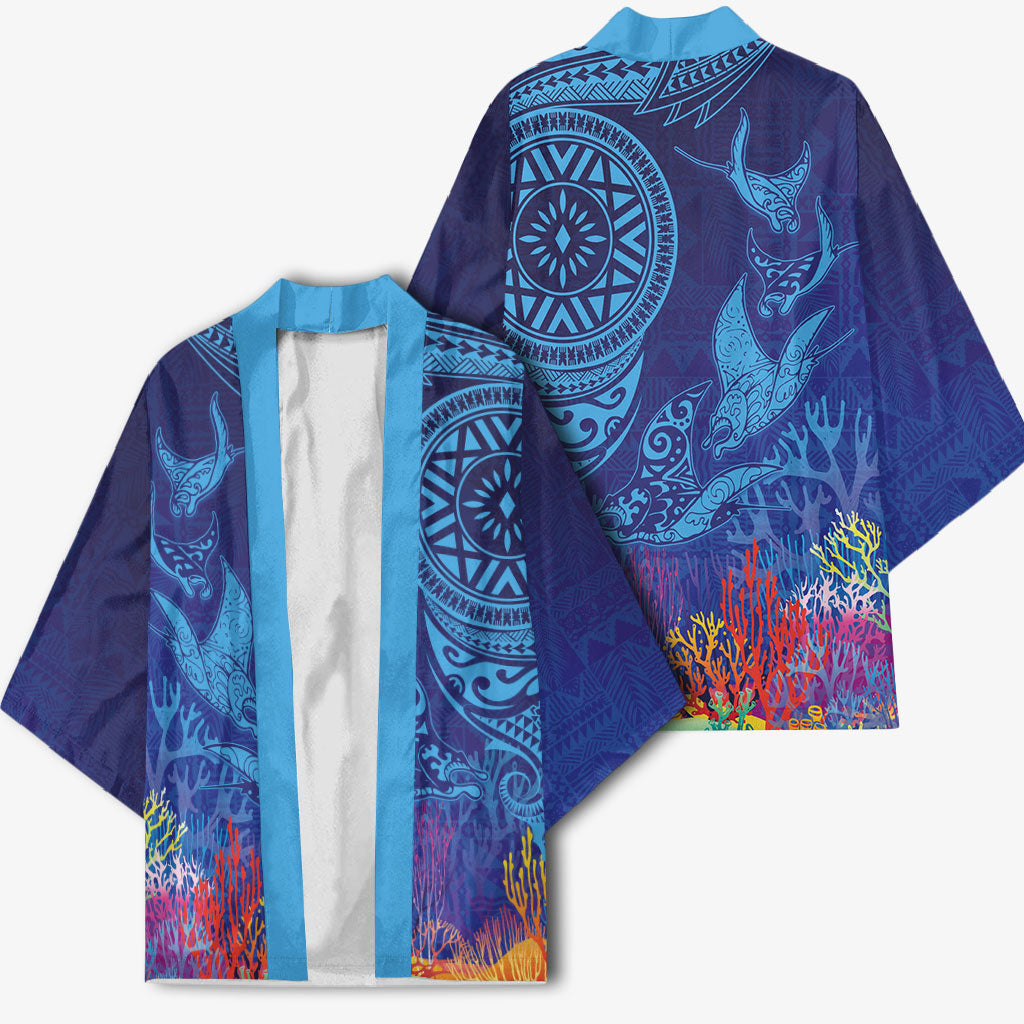 Fijian Tribal Manta Ray Kimono Masi Motif with Coral Reef Ocean Vibe