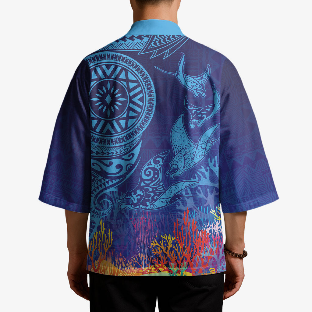 Fijian Tribal Manta Ray Kimono Masi Motif with Coral Reef Ocean Vibe
