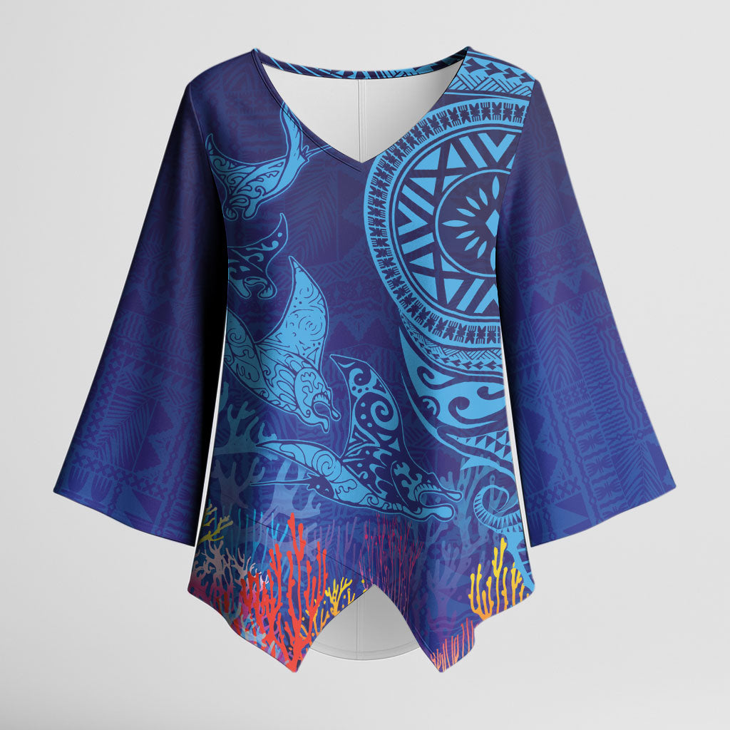 Fijian Tribal Manta Ray Kimono Sleeve Blouse Masi Motif with Coral Reef Ocean Vibe
