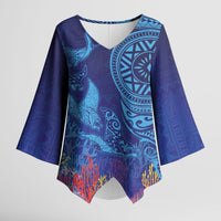 Fijian Tribal Manta Ray Kimono Sleeve Blouse Masi Motif with Coral Reef Ocean Vibe