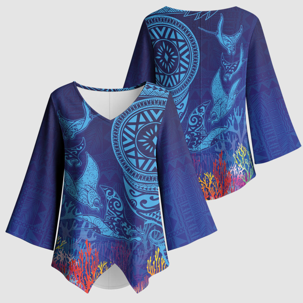 Fijian Tribal Manta Ray Kimono Sleeve Blouse Masi Motif with Coral Reef Ocean Vibe