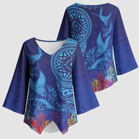 Fijian Tribal Manta Ray Kimono Sleeve Blouse Masi Motif with Coral Reef Ocean Vibe