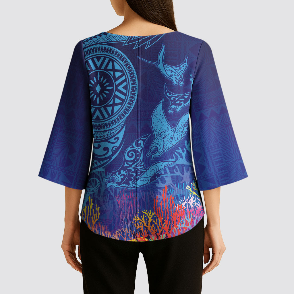 Fijian Tribal Manta Ray Kimono Sleeve Blouse Masi Motif with Coral Reef Ocean Vibe