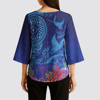Fijian Tribal Manta Ray Kimono Sleeve Blouse Masi Motif with Coral Reef Ocean Vibe