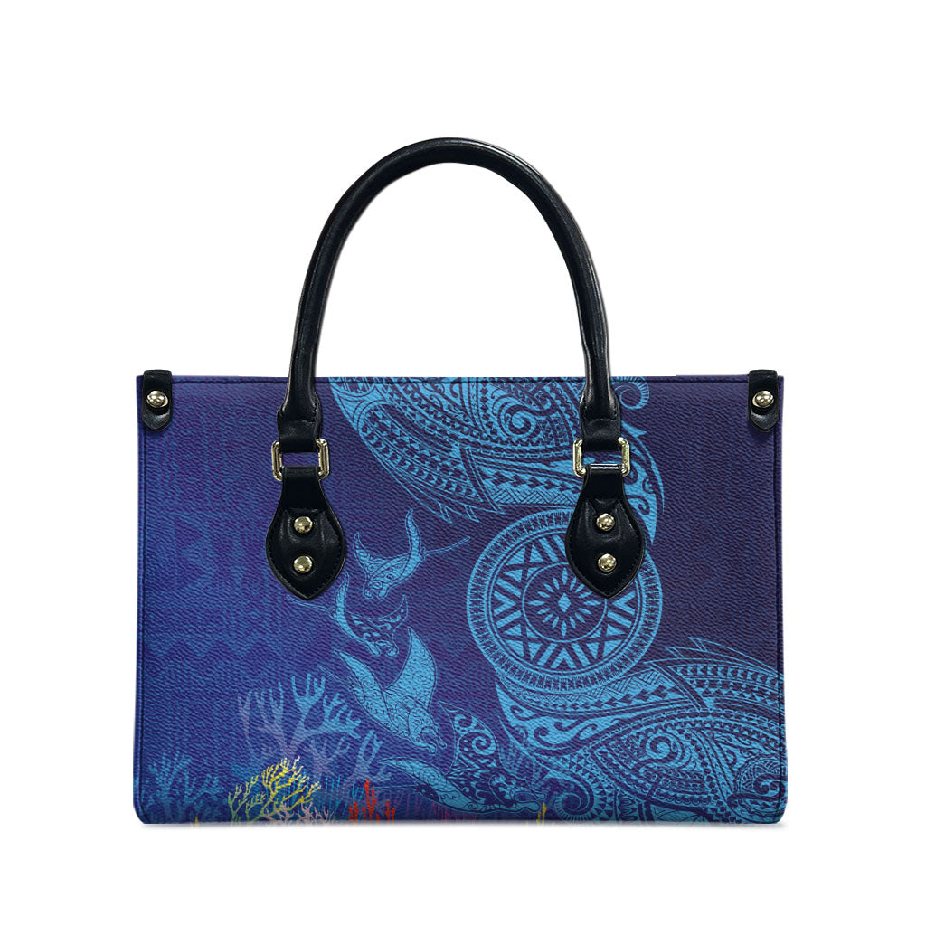 Fijian Tribal Manta Ray Leather Bag Masi Motif with Coral Reef Ocean Vibe