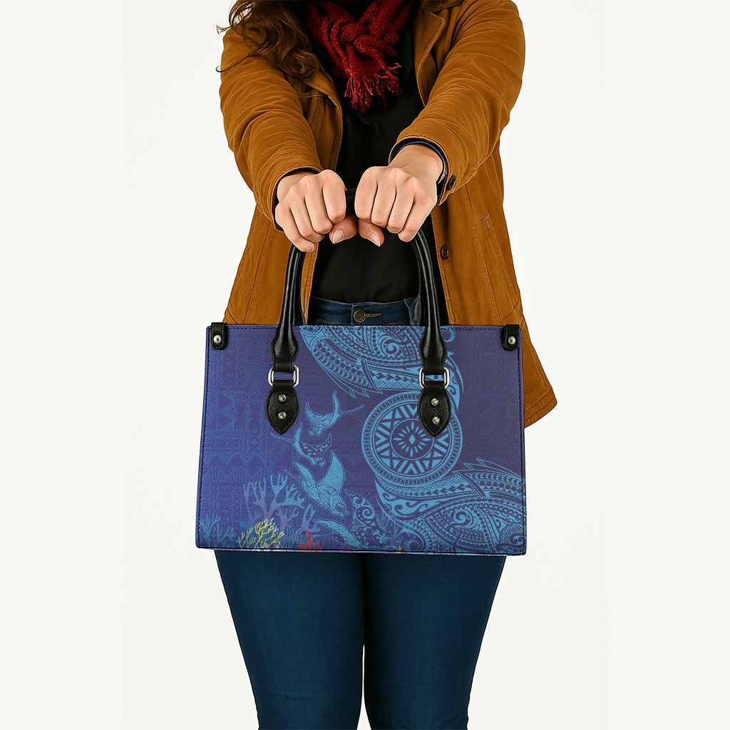 Fijian Tribal Manta Ray Leather Bag Masi Motif with Coral Reef Ocean Vibe