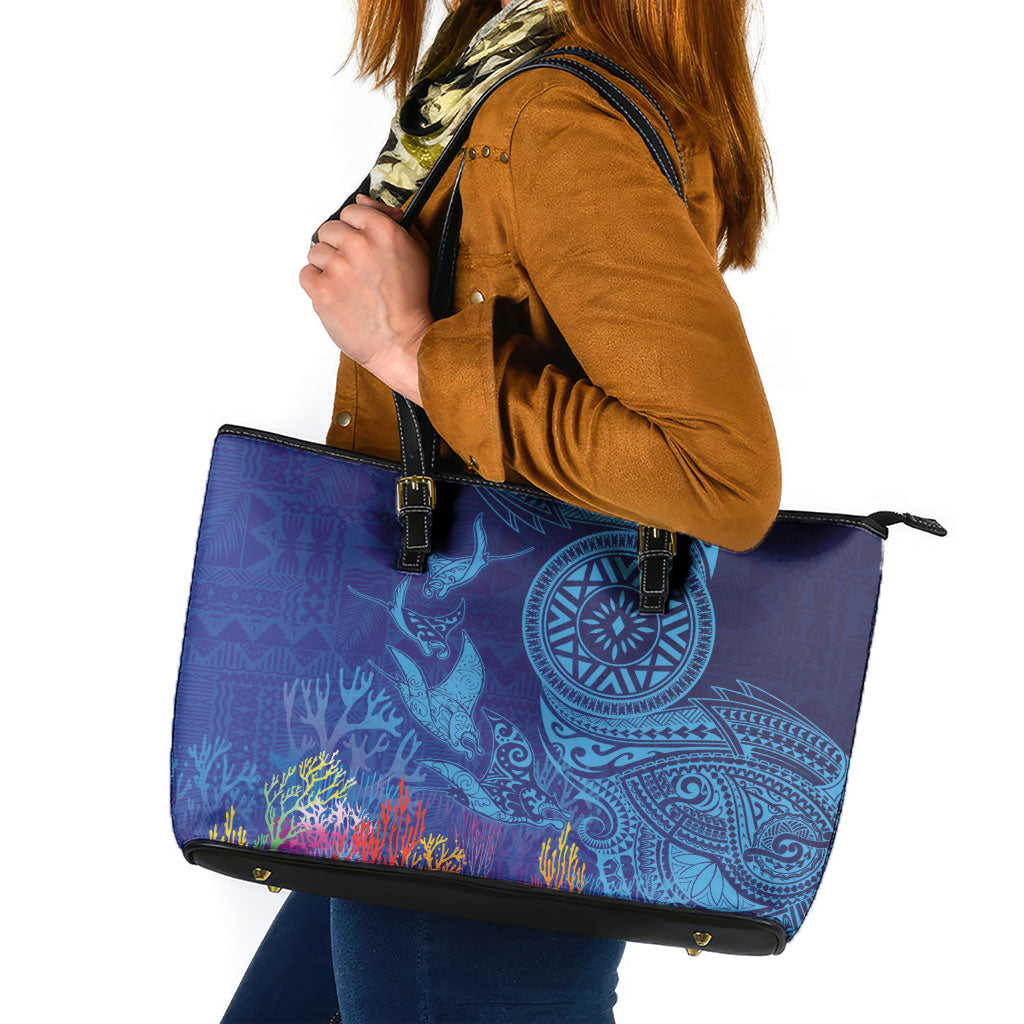 Fijian Tribal Manta Ray Leather Tote Bag Masi Motif with Coral Reef Ocean Vibe