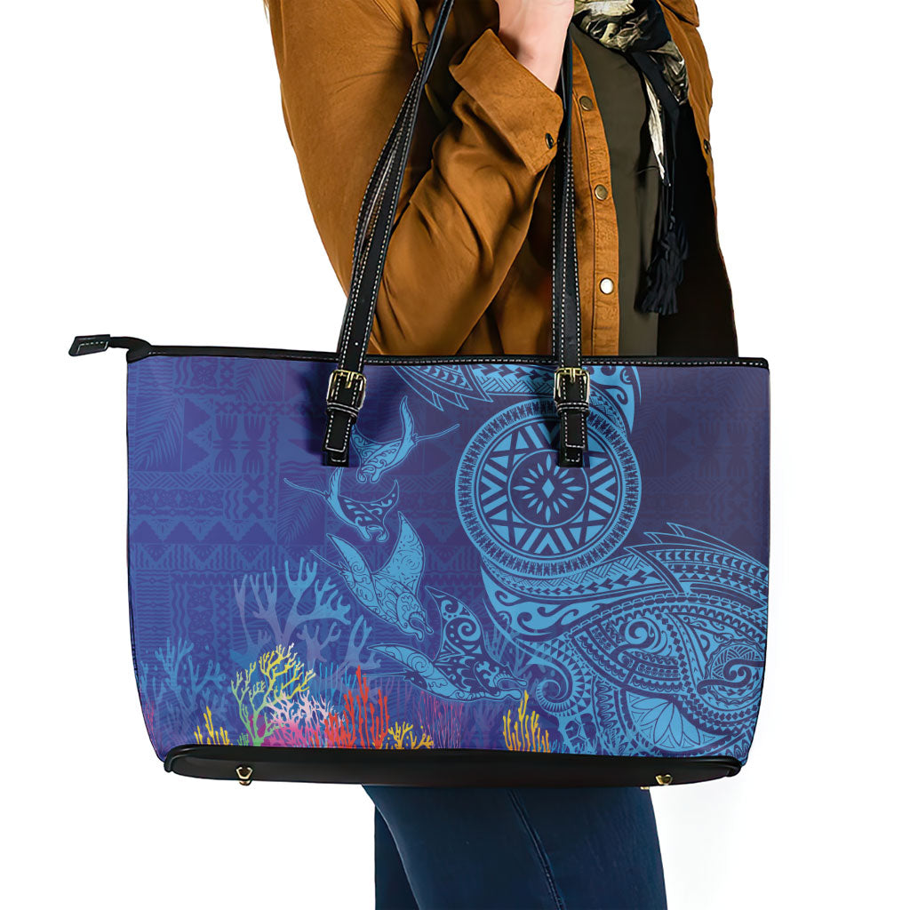 Fijian Tribal Manta Ray Leather Tote Bag Masi Motif with Coral Reef Ocean Vibe