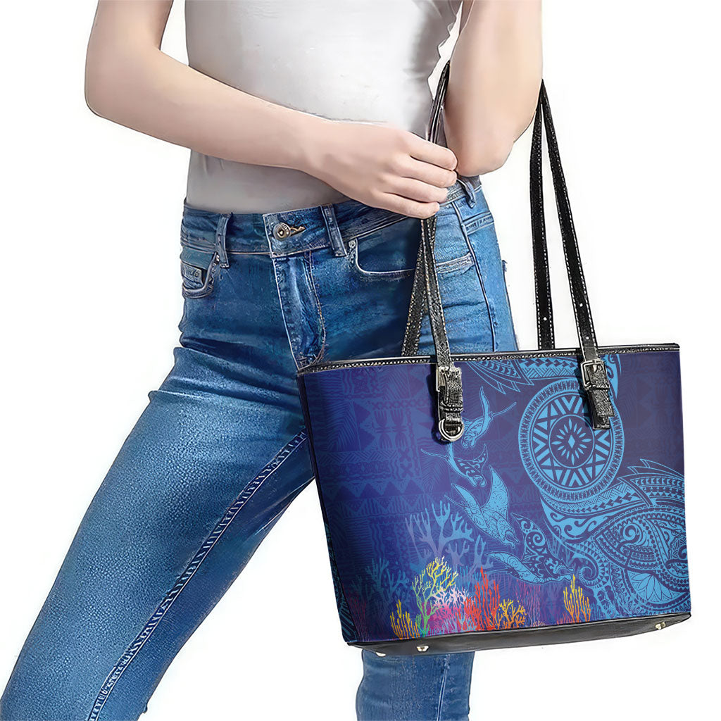 Fijian Tribal Manta Ray Leather Tote Bag Masi Motif with Coral Reef Ocean Vibe