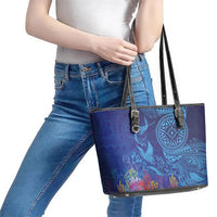 Fijian Tribal Manta Ray Leather Tote Bag Masi Motif with Coral Reef Ocean Vibe