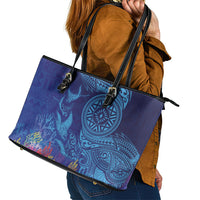 Fijian Tribal Manta Ray Leather Tote Bag Masi Motif with Coral Reef Ocean Vibe