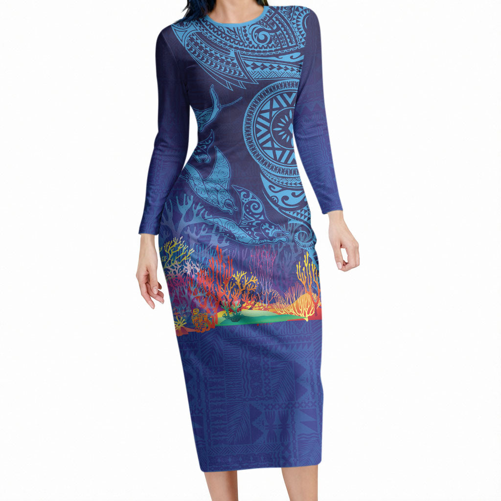 Fijian Tribal Manta Ray Long Sleeve Bodycon Dress Masi Motif with Coral Reef Ocean Vibe