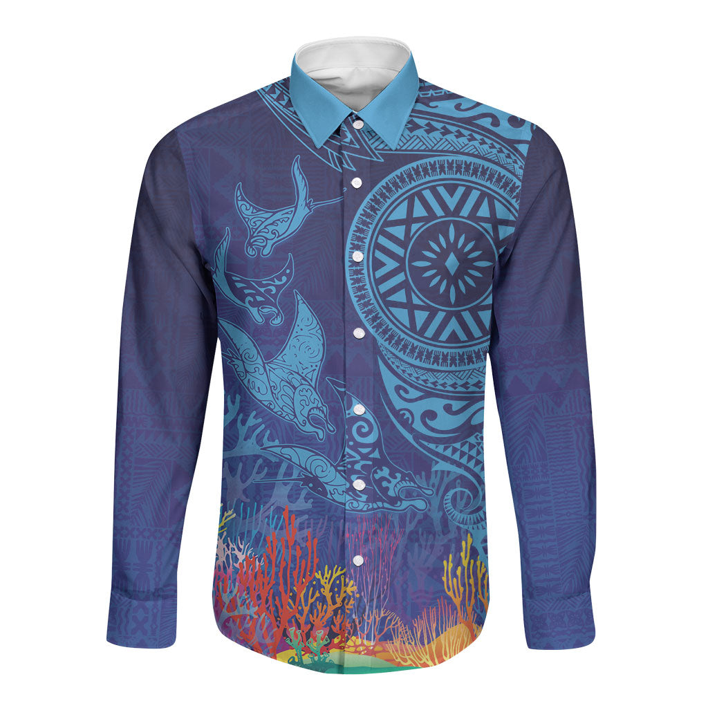 Fijian Tribal Manta Ray Long Sleeve Button Shirt Masi Motif with Coral Reef Ocean Vibe