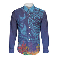 Fijian Tribal Manta Ray Long Sleeve Button Shirt Masi Motif with Coral Reef Ocean Vibe