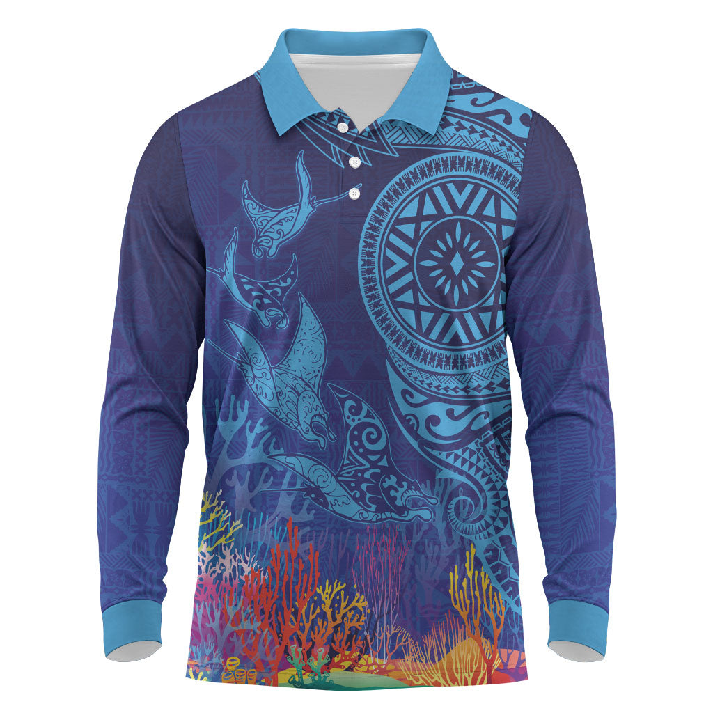 Fijian Tribal Manta Ray Long Sleeve Polo Shirt Masi Motif with Coral Reef Ocean Vibe