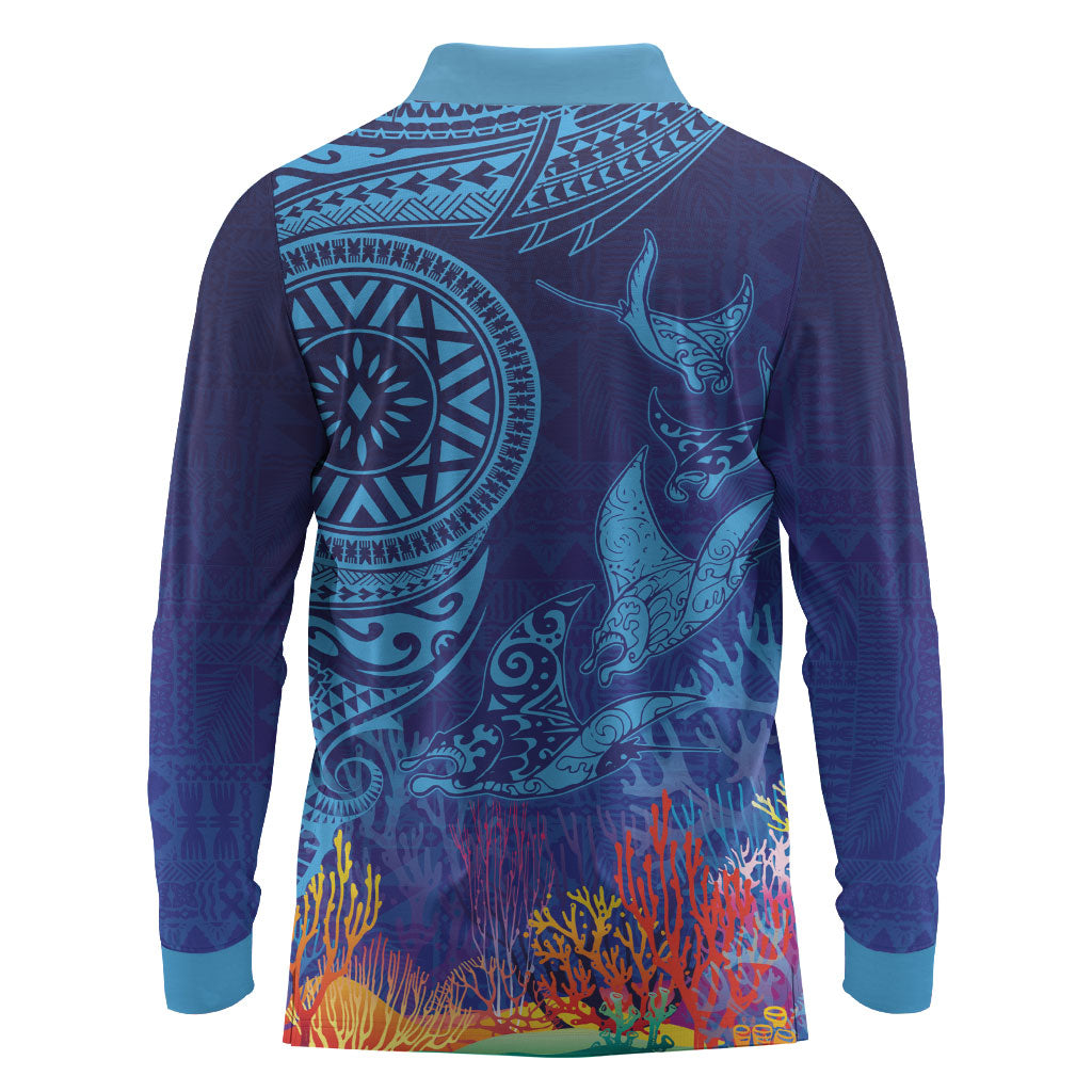 Fijian Tribal Manta Ray Long Sleeve Polo Shirt Masi Motif with Coral Reef Ocean Vibe