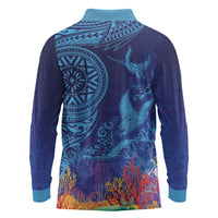 Fijian Tribal Manta Ray Long Sleeve Polo Shirt Masi Motif with Coral Reef Ocean Vibe