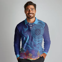 Fijian Tribal Manta Ray Long Sleeve Polo Shirt Masi Motif with Coral Reef Ocean Vibe