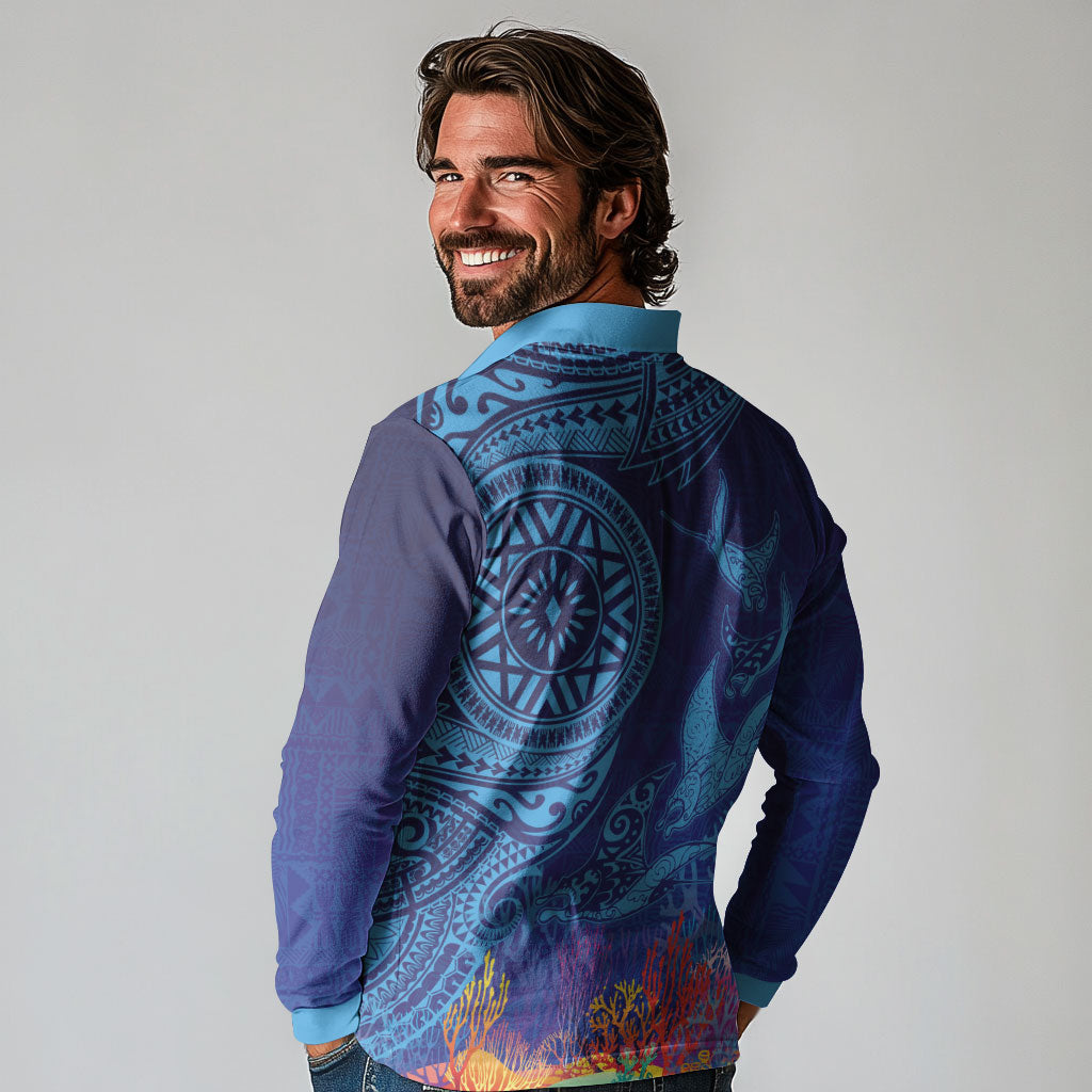 Fijian Tribal Manta Ray Long Sleeve Polo Shirt Masi Motif with Coral Reef Ocean Vibe