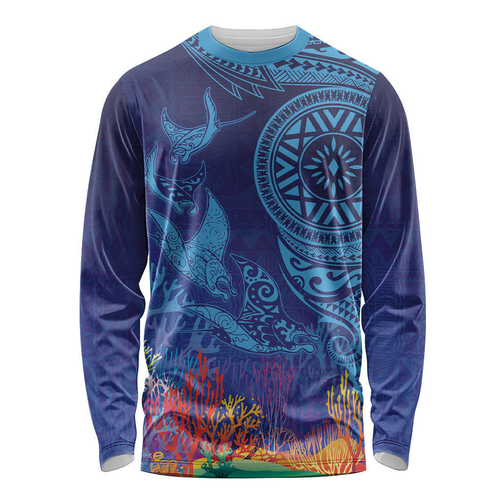 Fijian Tribal Manta Ray Long Sleeve Shirt Masi Motif with Coral Reef Ocean Vibe