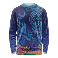 Fijian Tribal Manta Ray Long Sleeve Shirt Masi Motif with Coral Reef Ocean Vibe