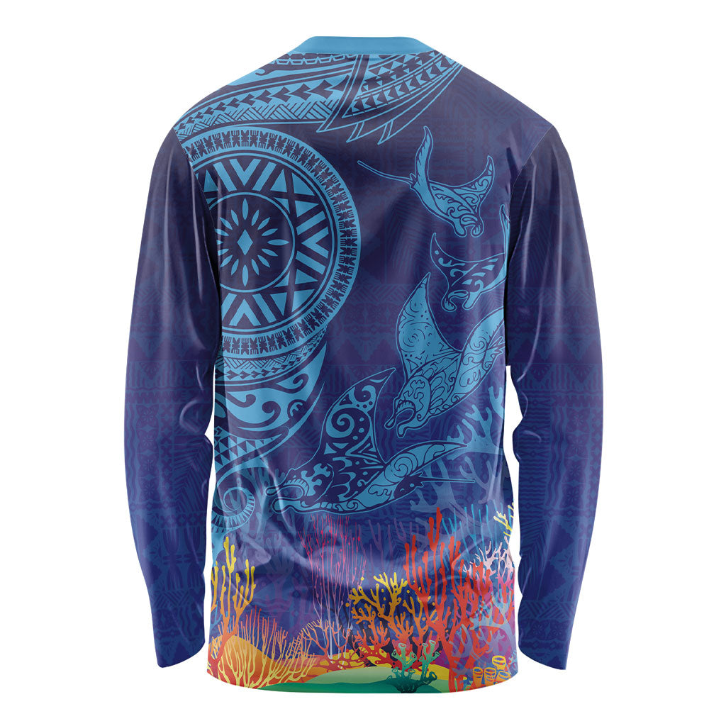 Fijian Tribal Manta Ray Long Sleeve Shirt Masi Motif with Coral Reef Ocean Vibe