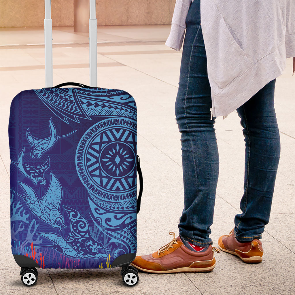 Fijian Tribal Manta Ray Luggage Cover Masi Motif with Coral Reef Ocean Vibe