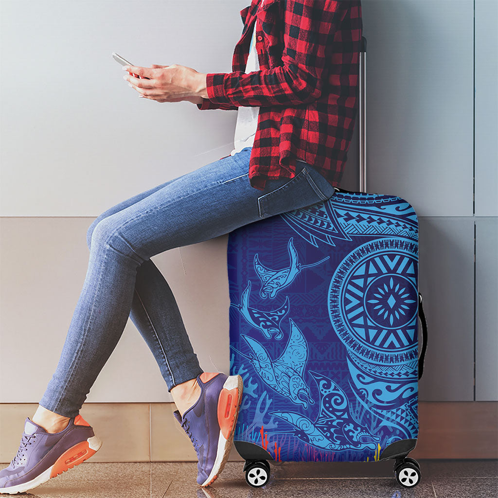 Fijian Tribal Manta Ray Luggage Cover Masi Motif with Coral Reef Ocean Vibe