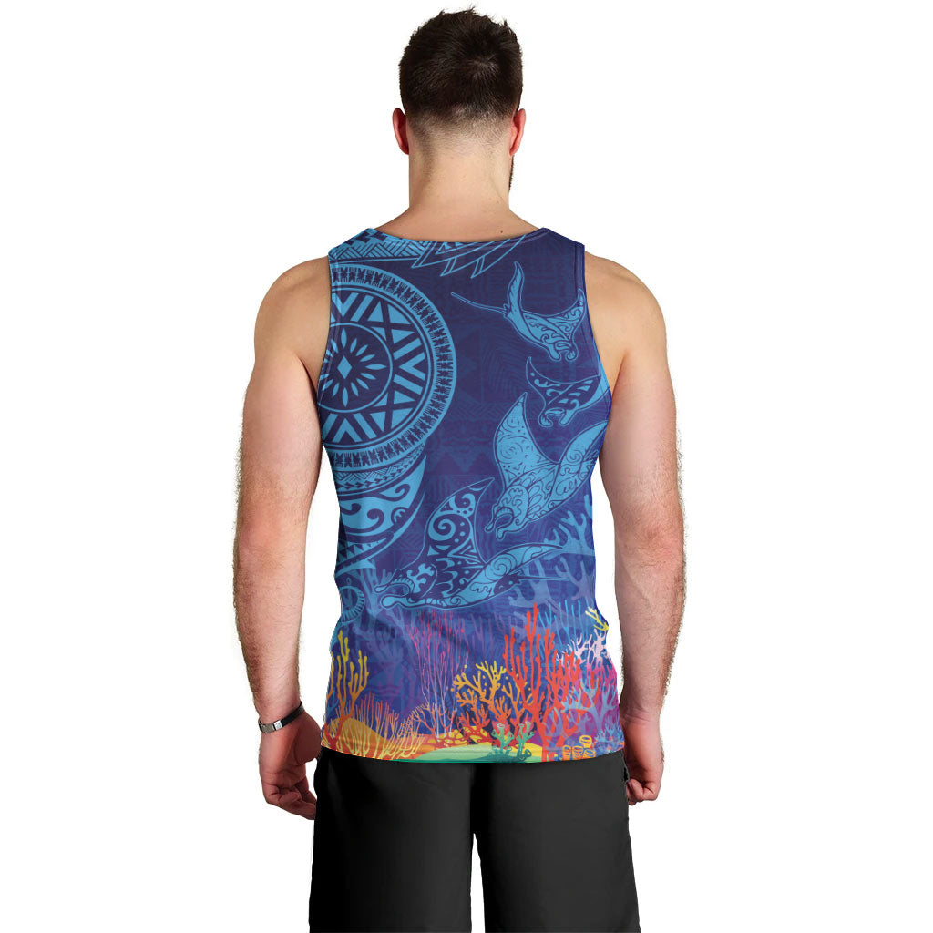 Fijian Tribal Manta Ray Men Tank Top Masi Motif with Coral Reef Ocean Vibe