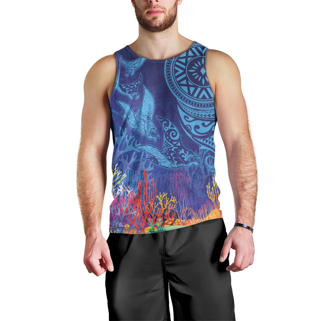 Fijian Tribal Manta Ray Men Tank Top Masi Motif with Coral Reef Ocean Vibe