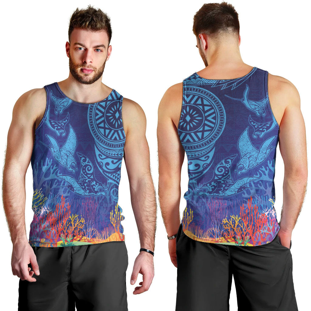 Fijian Tribal Manta Ray Men Tank Top Masi Motif with Coral Reef Ocean Vibe
