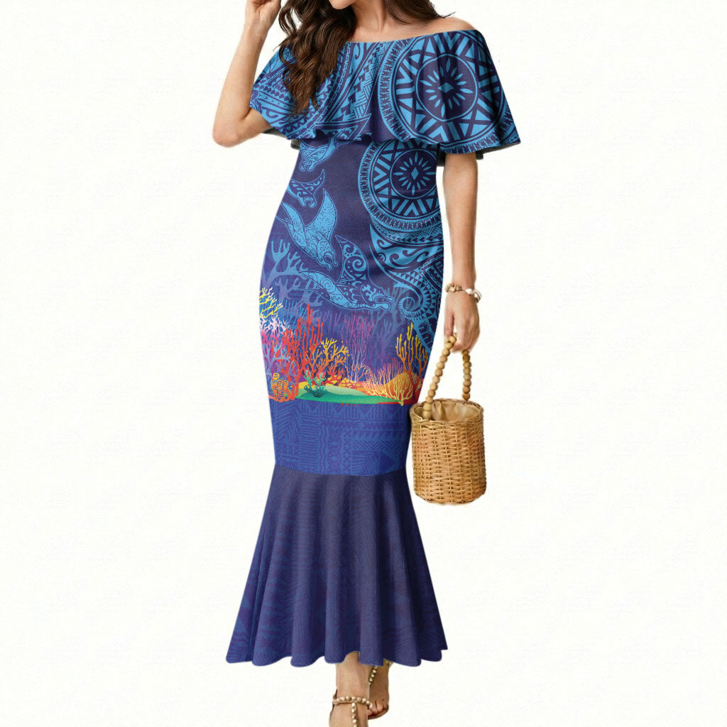 Fijian Tribal Manta Ray Mermaid Dress Masi Motif with Coral Reef Ocean Vibe