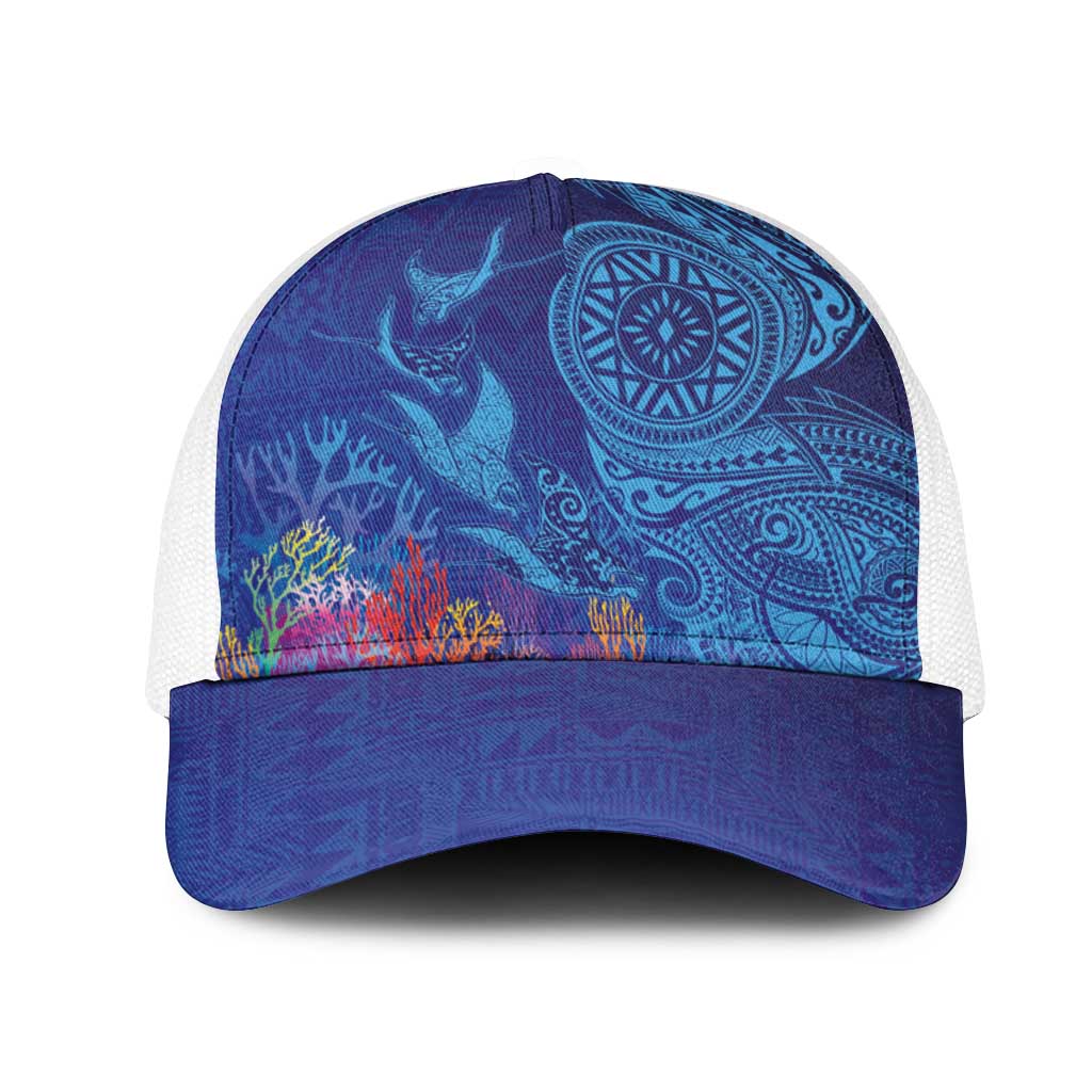 Fijian Tribal Manta Ray Mesh Trucker Cap Masi Motif with Coral Reef Ocean Vibe
