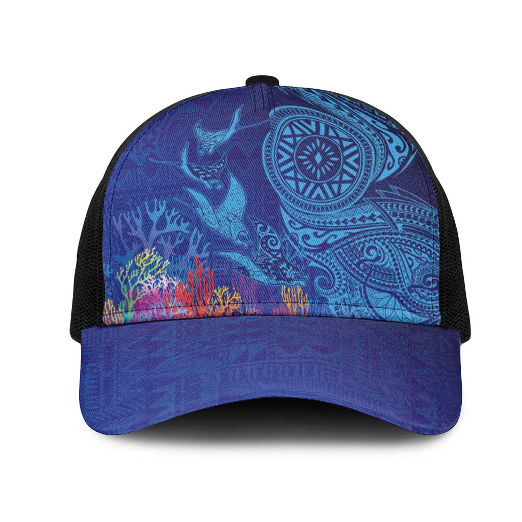 Fijian Tribal Manta Ray Mesh Trucker Cap Masi Motif with Coral Reef Ocean Vibe