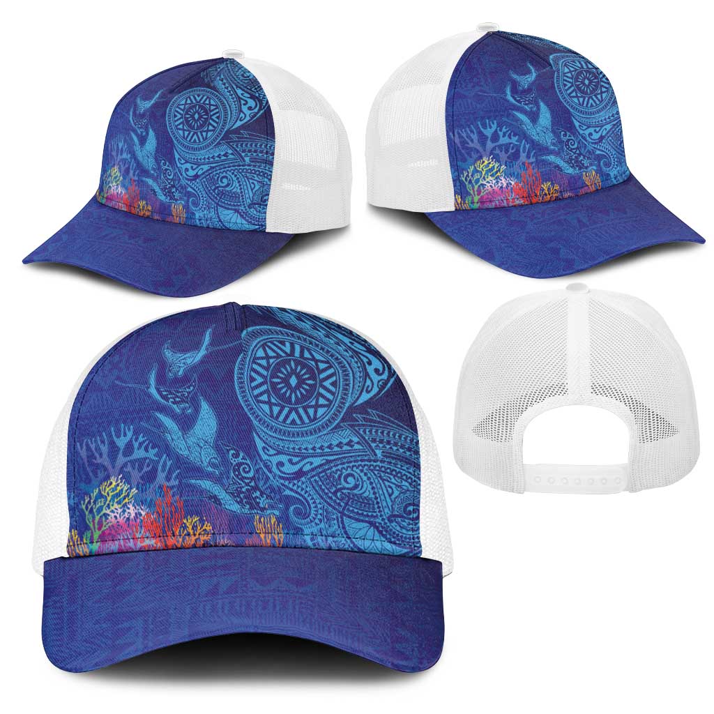Fijian Tribal Manta Ray Mesh Trucker Cap Masi Motif with Coral Reef Ocean Vibe