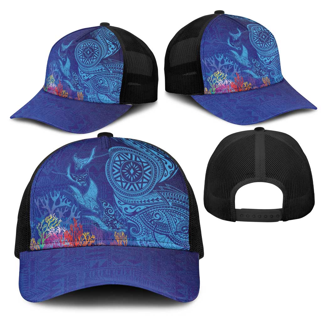Fijian Tribal Manta Ray Mesh Trucker Cap Masi Motif with Coral Reef Ocean Vibe