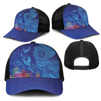 Fijian Tribal Manta Ray Mesh Trucker Cap Masi Motif with Coral Reef Ocean Vibe