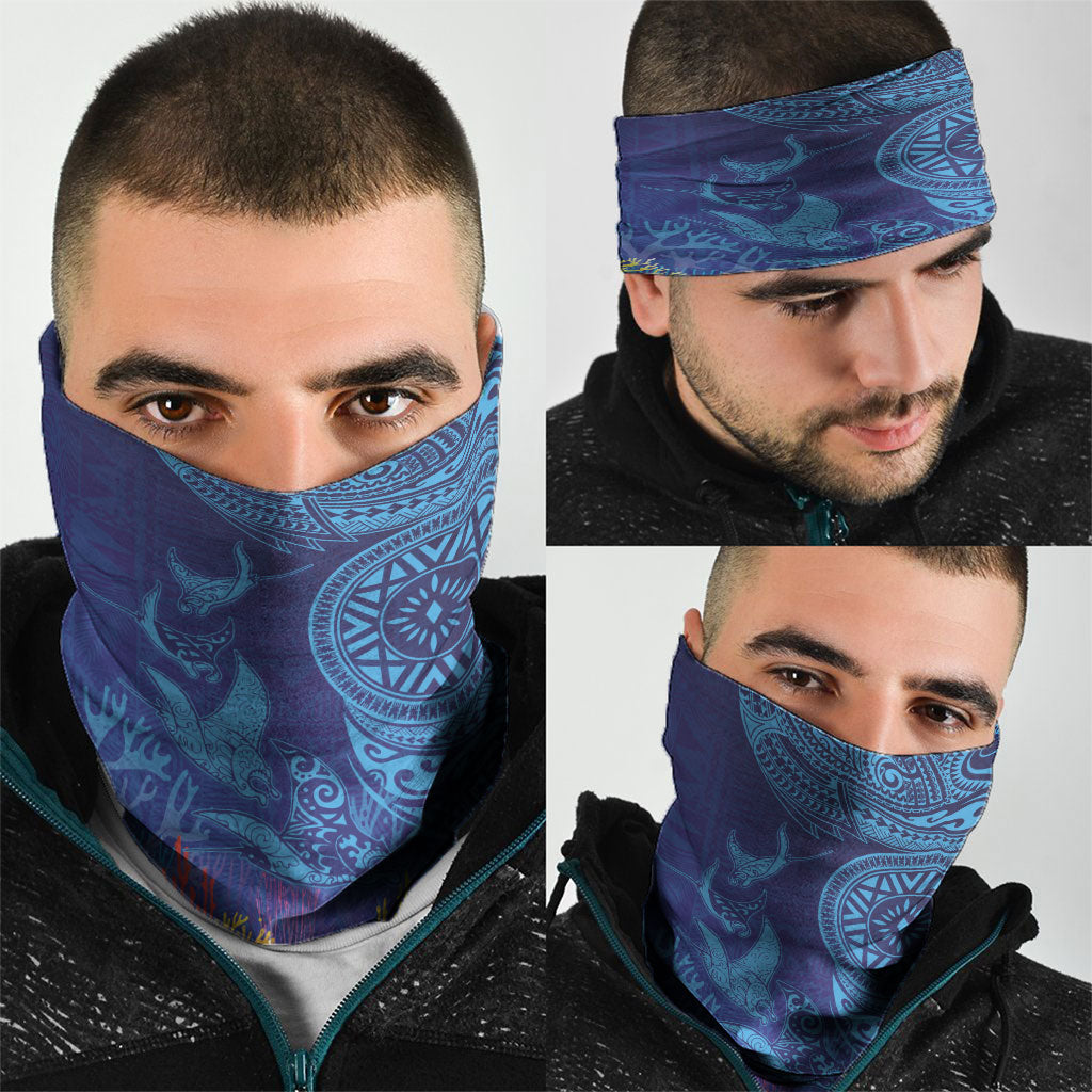 Fijian Tribal Manta Ray Neck Gaiter Masi Motif with Coral Reef Ocean Vibe