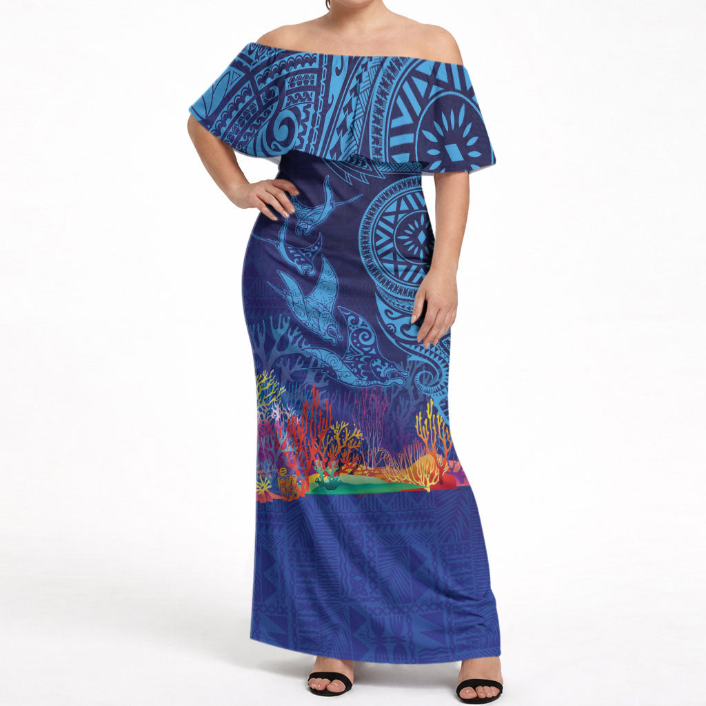 Fijian Tribal Manta Ray Off Shoulder Maxi Dress Masi Motif with Coral Reef Ocean Vibe