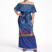 Fijian Tribal Manta Ray Off Shoulder Maxi Dress Masi Motif with Coral Reef Ocean Vibe