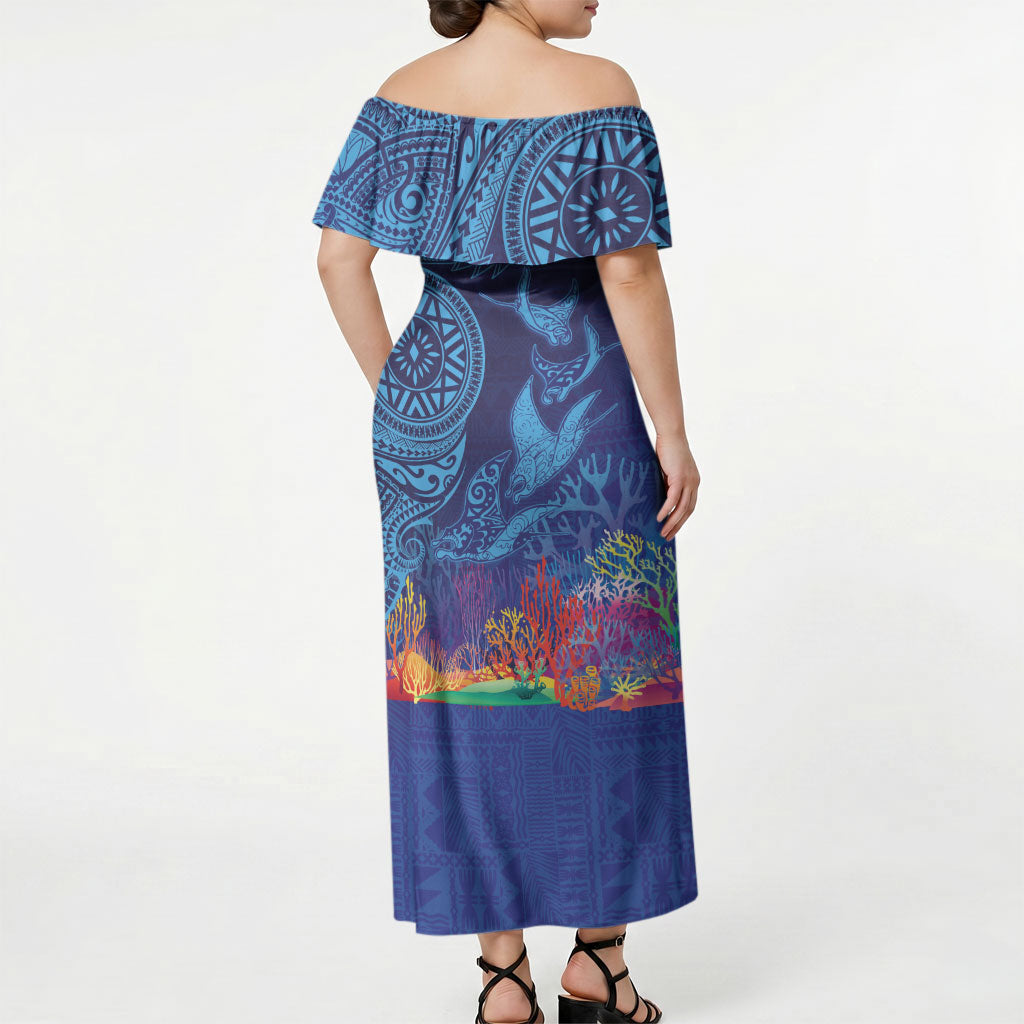 Fijian Tribal Manta Ray Off Shoulder Maxi Dress Masi Motif with Coral Reef Ocean Vibe