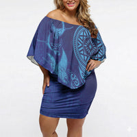 Fijian Tribal Manta Ray Off Shoulder Short Dress Masi Motif with Coral Reef Ocean Vibe
