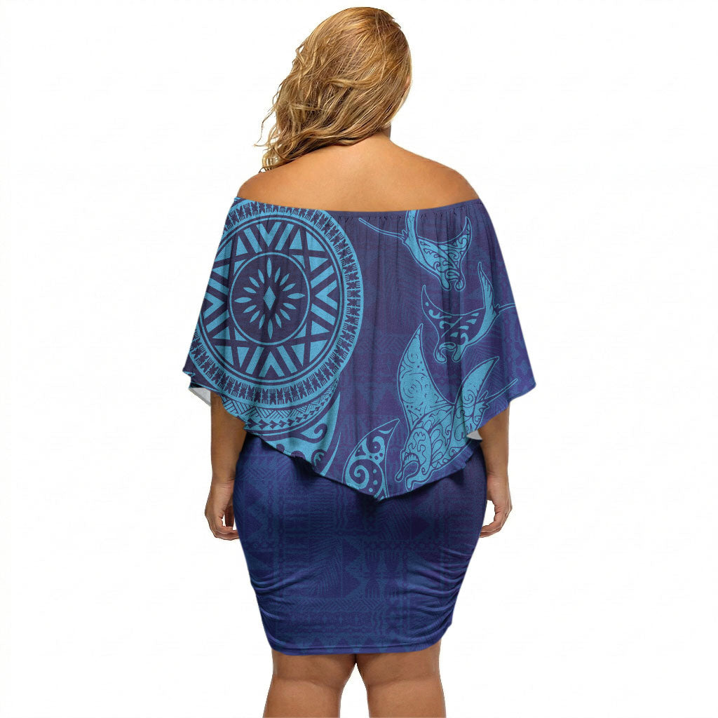 Fijian Tribal Manta Ray Off Shoulder Short Dress Masi Motif with Coral Reef Ocean Vibe