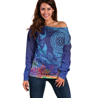 Fijian Tribal Manta Ray Off Shoulder Sweater Masi Motif with Coral Reef Ocean Vibe