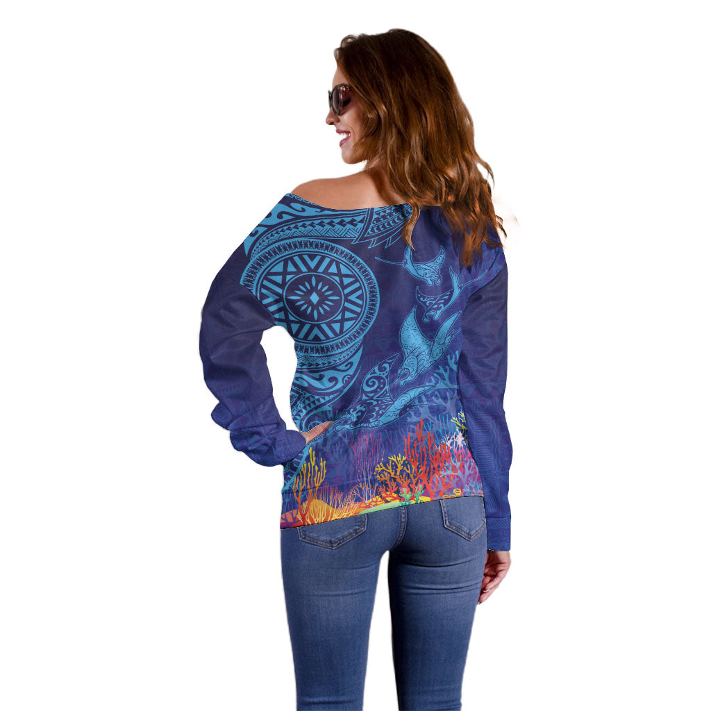 Fijian Tribal Manta Ray Off Shoulder Sweater Masi Motif with Coral Reef Ocean Vibe