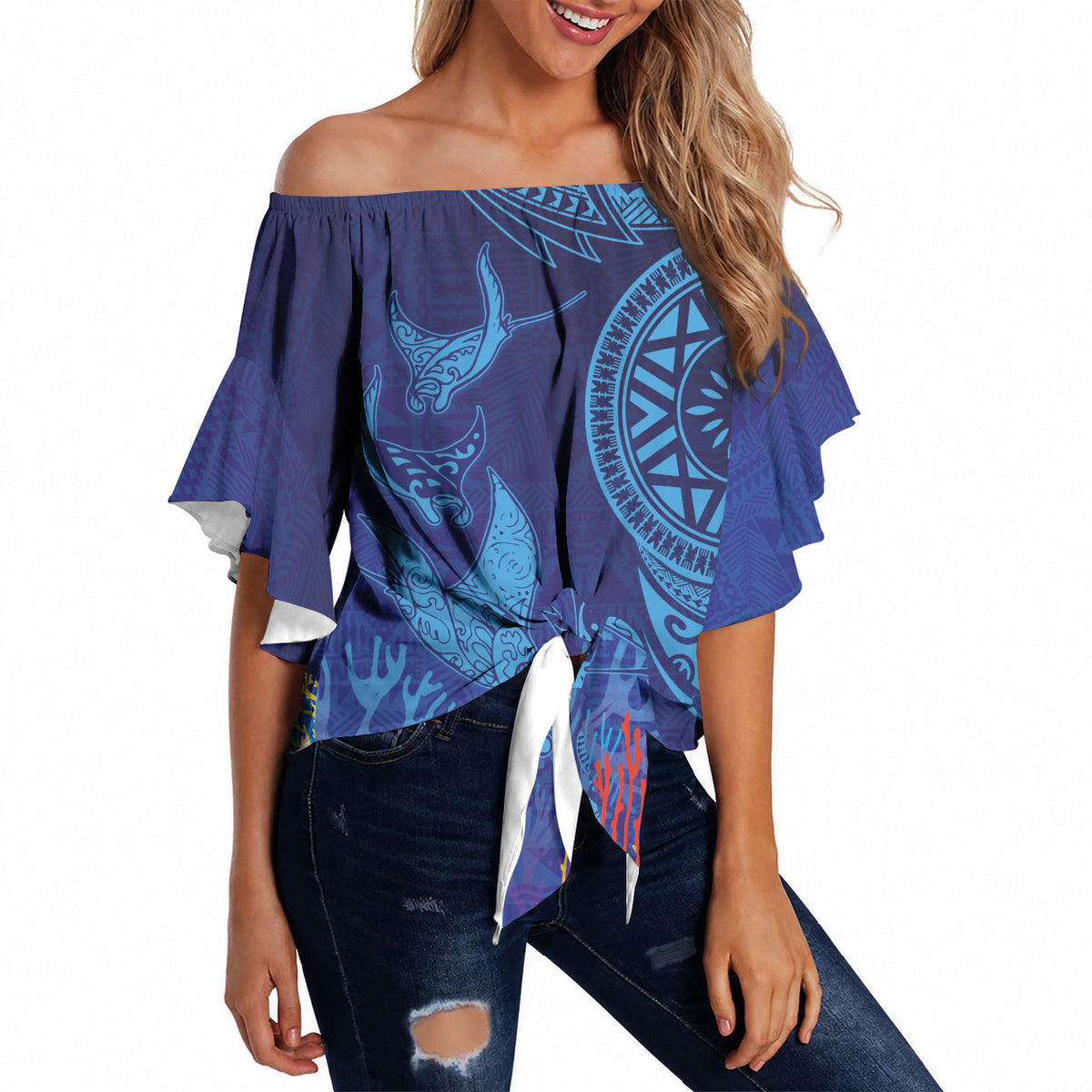 Fijian Tribal Manta Ray Off Shoulder Wrap Waist Top Masi Motif with Coral Reef Ocean Vibe