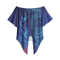 Fijian Tribal Manta Ray Off Shoulder Wrap Waist Top Masi Motif with Coral Reef Ocean Vibe