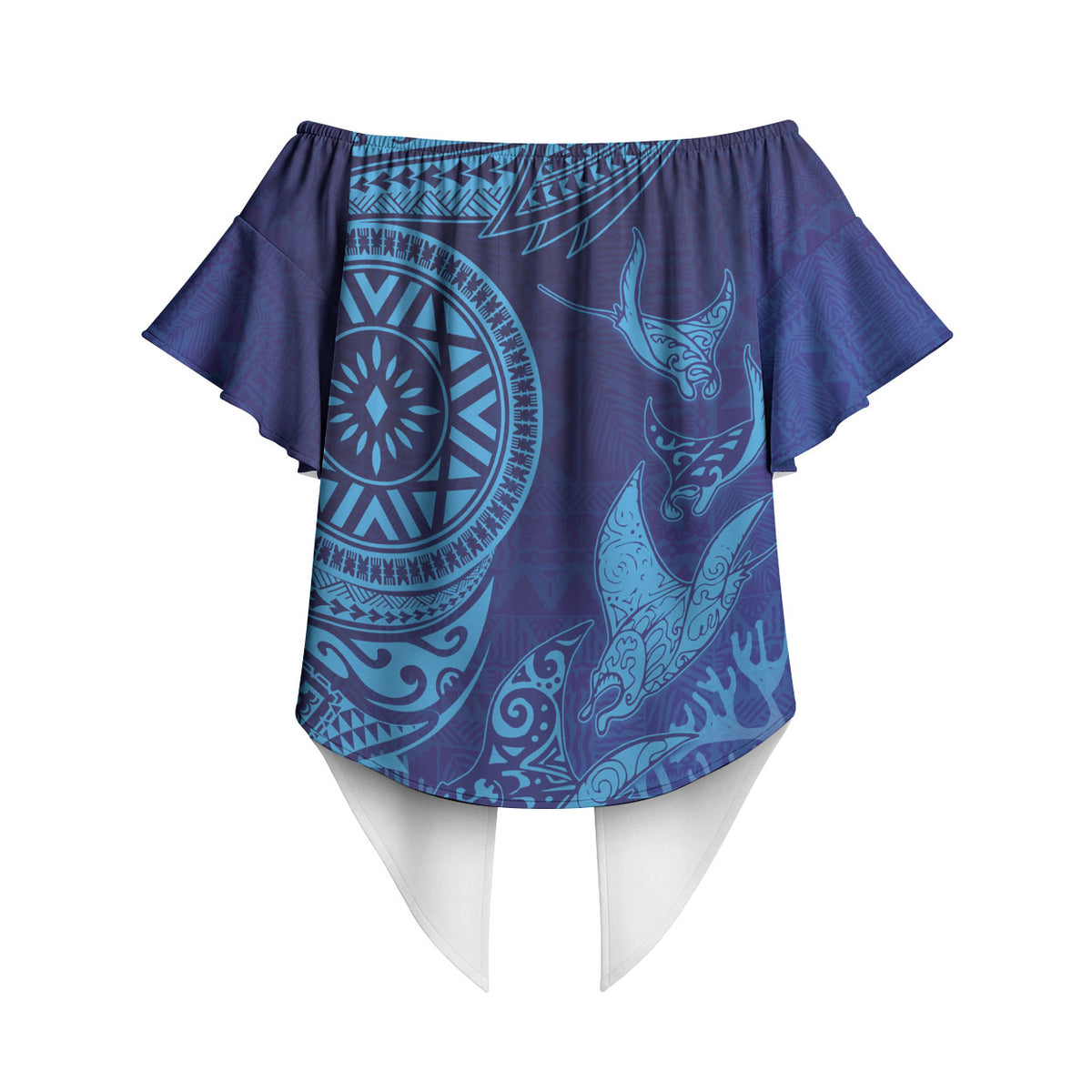 Fijian Tribal Manta Ray Off Shoulder Wrap Waist Top Masi Motif with Coral Reef Ocean Vibe