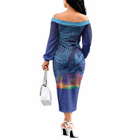 Fijian Tribal Manta Ray Off The Shoulder Long Sleeve Dress Masi Motif with Coral Reef Ocean Vibe